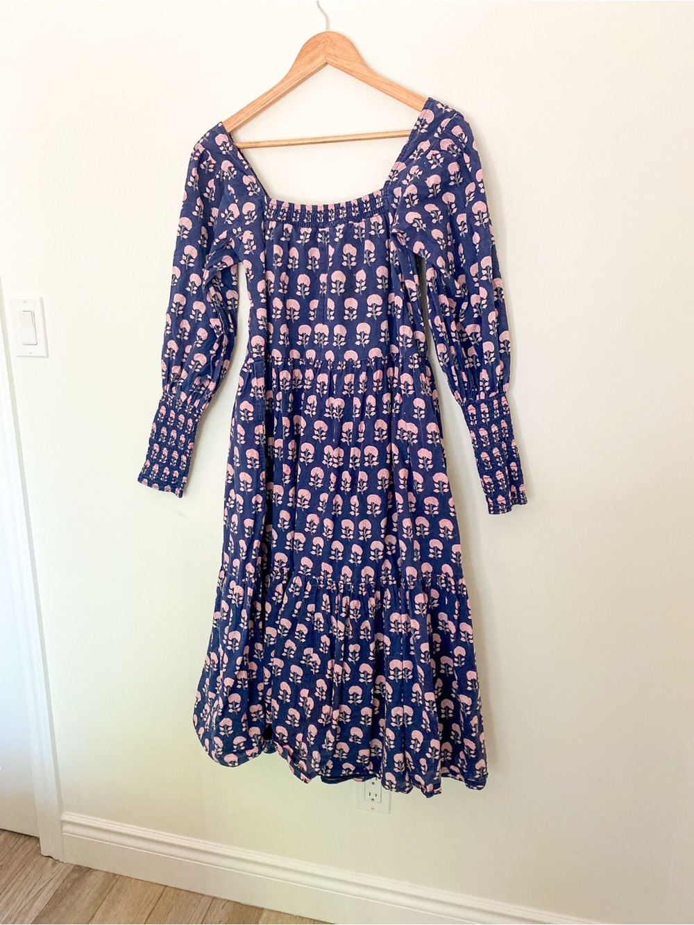 Navy & Pink Floral Dress | Cottagecore Square Neck Prairie Dress | Long Sleeve - Picture 3 of 10